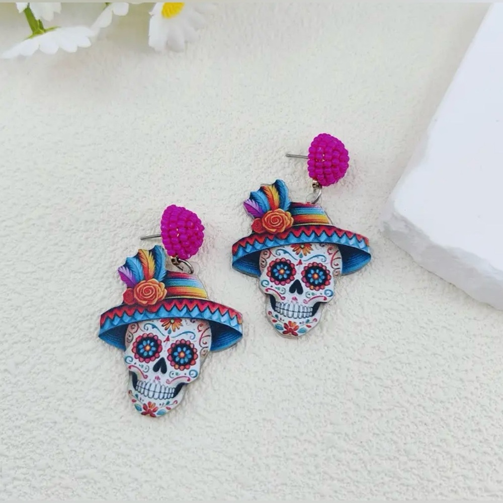 Sugar Skull Colorful Earrings Halloween Day of the Dead New - Picture 2 of 4